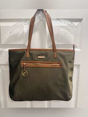 Michael Kors Nylon Purse/Tote Style Shoulder Bag Army Green with Leather Strap